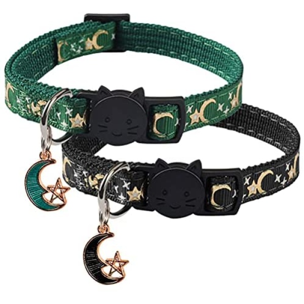 2 Pcs Pet Collars, Gold Moons and Stars Cat Collar with Pendant Adjustable Quick Release Safety Breakaway Dog Collar(Green+Black)