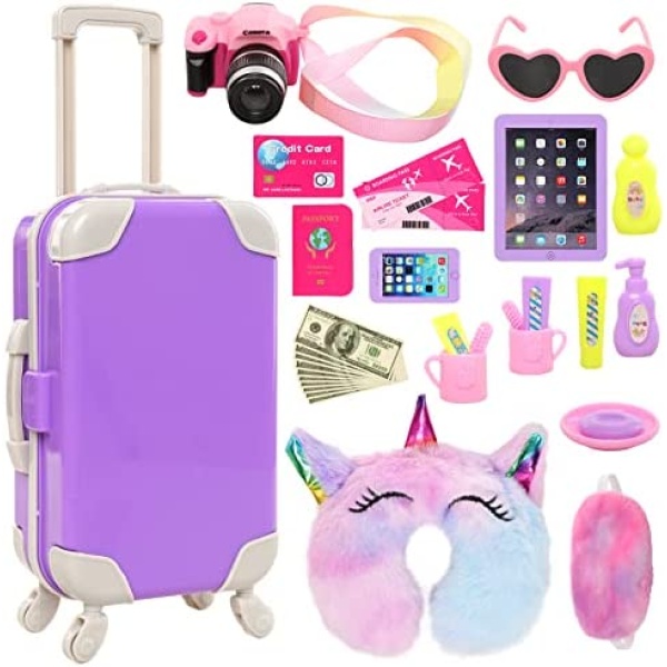 23 Pcs 18 Inch Girl Doll Suitcase Travel Play Set for 18 Inch Girl Doll Travel Luggage Accessories with Sunglasses Camera Pillow