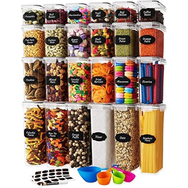 24 Pack Airtight Food Storage Containers for Kitchen Organization - Dry Food Plastic Canisters with Lids, Labels, Marker & Spoon Set for Kitchen Storage - Pantry Organizers for Cereal, Rice & Flour