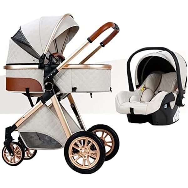 3 in 1 Baby Stroller for Newborn and Toddler, Newborn Reversible Bassinet Pram,Adjustable High View Luxury Baby Pram Stroller Infant Pushchair Carriage with Rain Cover (Color : Beige)