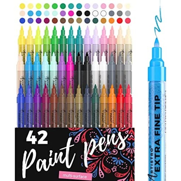 Acrylic Paint Pens - 42 Acrylic Paint Markers - Extra Fine Tip Paint Pens (0.7mm) - Great for Rock Painting, Wood, Canvas, Ceramic, Fabric, Glass - 40 Colors + Extra Black & White Acrylic Markers