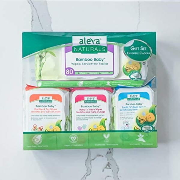 Aleva Naturals Bamboo Baby Wipes Set with Pacifier & Toy, Nose 'n' Blows, Tooth 'n' Gum & Diaper Wipes - Plant-Based Natural and Organic Formula, Hypoallergenic, Biodegradable, Unbleached, 4 Piece Set