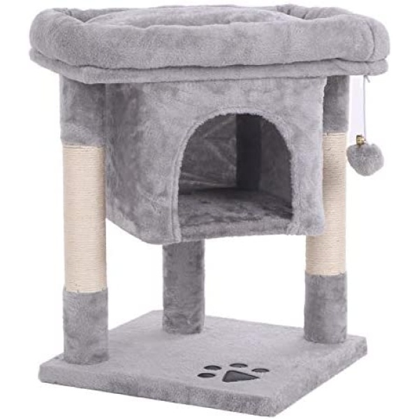 BEWISHOME Cat Tree Cat House Cat Condo with Sisal Scratching Posts, Plush Perch, Cat Tower Furniture Cat Bed Kitty Activity Center Kitten Play House, Light Grey MMJ08G