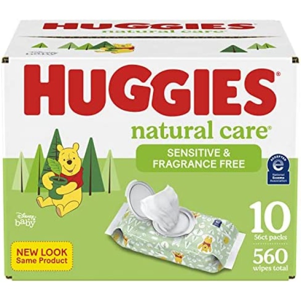 Baby Wipes, Huggies Natural Care Sensitive, UNSCENTED, Hypoallergenic, 10 Flip-Top Packs, 560 Count