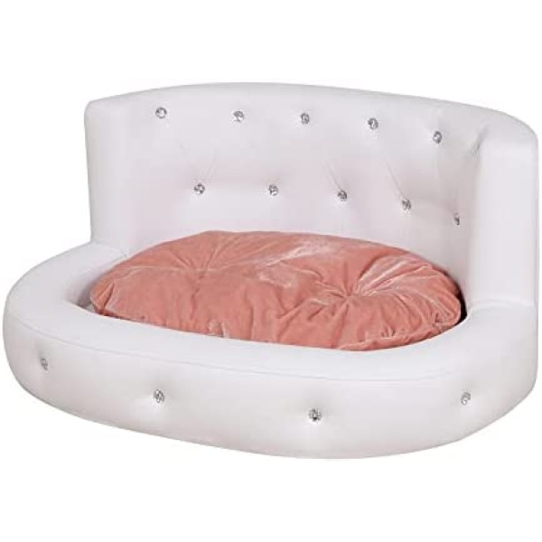 BabyLand Princess Pet Bed Diamond Dog Bed Small Pet Furniture PVC Upholstery Cat Bed(White)