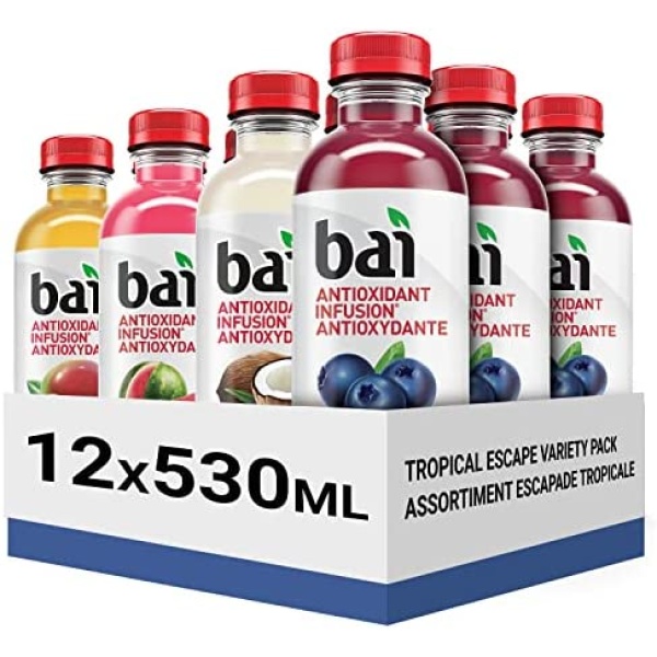 Bai Antioxidant Infusion Low Calorie Flavoured Water, Tropical Escape Variety Pack, 530 mL Bottles, 12 Count, 3 Each of Mango, Watermelon, Coconut and Blueberry