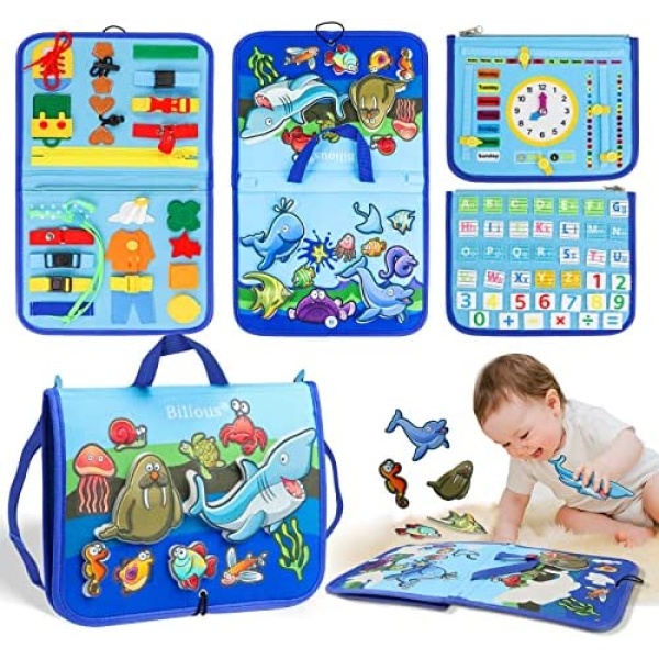 Bilious® Toddler Busy Board, Unique Sea Animals Design Montessori Toy Gifts for Boys Girls, Preschool Educational Sensory Board for Fine Motor Skills Travel Activities