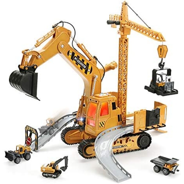 CUTE STONE Construction Vehicles Excavator Toy Set with Realistic Sounds & Lights,Kids Construction Toys Included Toy Excavator,Forklift,Bulldozer,Carrier Loader and Toy Crane,Great Gift for Kids Boys Toddler