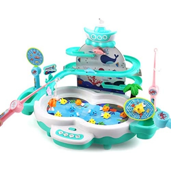 CUTE STONE Kids Fishing Game Toys, Toddler Electronic Toy Fishing Set with Slideways and Magnetic Pond,10 Toy Fish,3 Magnetic Dolphins,2 Toy Fishing Poles,Learning Educational Toys with Music Story for Girls Boys Children