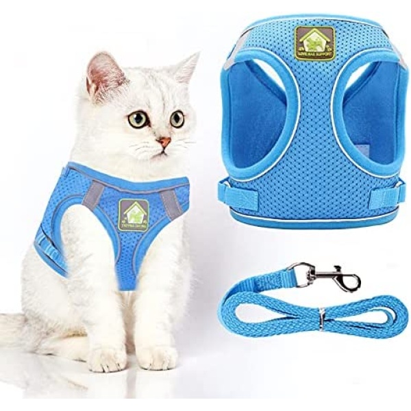 Cat Harness with Leash for Kitten Puppy: Escape Proof Adjustable Soft Vest Harness Set with Reflective Strips for Large Cat Small Breed Puppia Dog Outdoor Walking Travel (S, Blue)