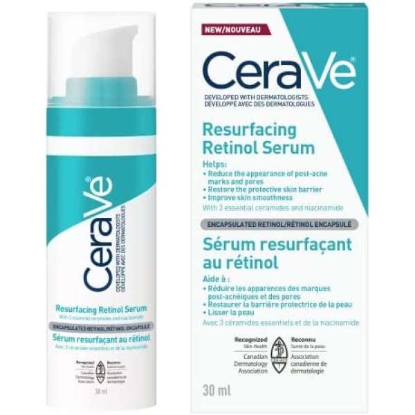 CeraVe Resurfacing RETINOL Serum For Face with niacinamide. Helps even skin tone, skin smoothness, post-acne marks & pore minimizer. Gentle, Fragrance-free, non-comedogenic, sensitive skin, 30ML