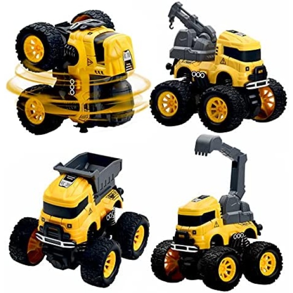 Construction Monster Truck Toys - 4pcs Excavator, Mixer, Crane, Dump Trucks Toy | Push and Go Friction Powered Cars Stunt Vehicles Playset | Kids Birthday Party Favors Gifts for 3+ Year Old Boys Girls