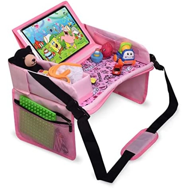 DMoose Kids Travel Tray, Toddler Car Seat Lap Activity Tray with Padded Comfort Base, Side Walls, Mesh Snack Pockets, Tablet Holder, Waterproof Car Seat, Stroller, Airplane Play and Learn Area (Pink)