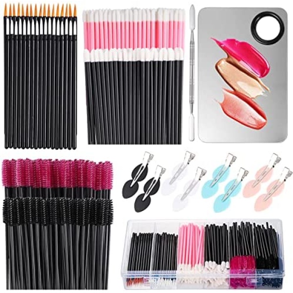 Disposable Makeup Applicators Kit with Mixing Palette Lip Goss Applicator Makeup Artist Supplies Mascara Wands Hair Clips Eyeliner Brushes Disposable Makeup Brushes Tools with Storage Box