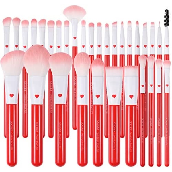 Docolor Makeup Brushes 32 Piece Period Red Professional Makeup Brush Set Premium Gifts Kabuki Foundation Blending Face Powder Blush Contour Eye Shadows Eyebrow Eyeliner Make Up Brushes Tools Kit