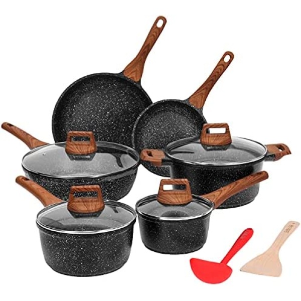 ESLITE LIFE Nonstick Granite Cookware Sets, 12 Pcs Pots and Pans Set Stone Kitchen Cooking Set Induction Compatible, PFOA Free, Black