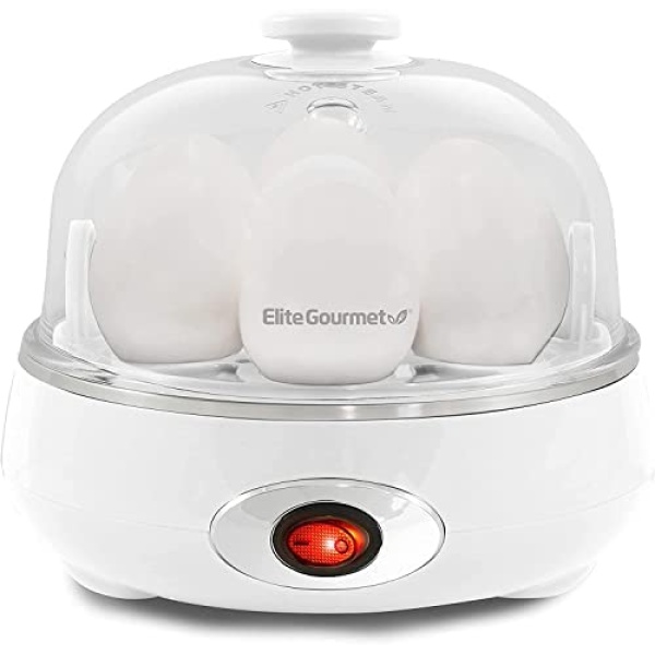 Elite Gourmet EGC007CW Rapid Egg Cooker, 7 Easy-To-Peel, Hard, Medium, Soft Boiled Eggs, Poacher, Omelet Maker, Auto Shut-Off, Alarm, 16-Recipe Booklet, BPA-Free, Classic White