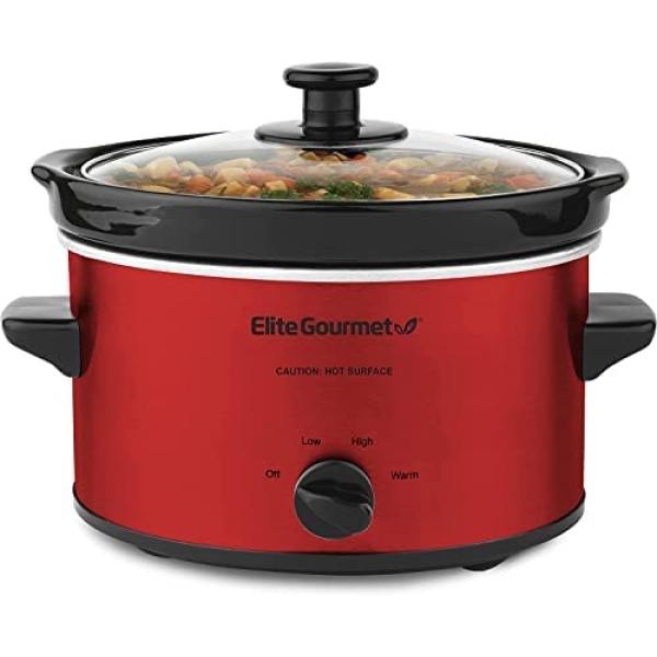 Elite Gourmet MST-275XR Electric Slow Cooker, AdjCatable Temp, Entrees, Sauces, Stews and Dips, Dishwasher-Safe Glass Lid & Ceraic Pot, 2Qt Capacity, Metallic Red