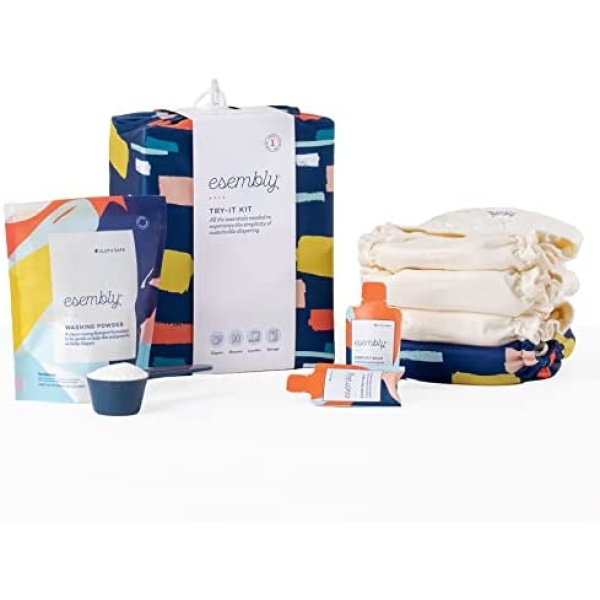 Esembly Cloth Diaper Try-It Kit, Starter Set of Organic, Reusable Diapers with Detergent, Diaper Cream and Diaper Bag - Eco-friendly Diapering System, Brushstroke, Size 2