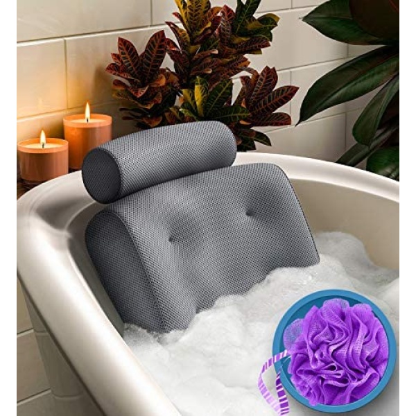 Everlasting Comfort Bath Pillow - Fast Drying Bath Cushion with Headrest Supports Head, Neck, and Back - Thick, Portable, Bathing Accessories - Bathtub Pillows for Relaxing, Loofah Included