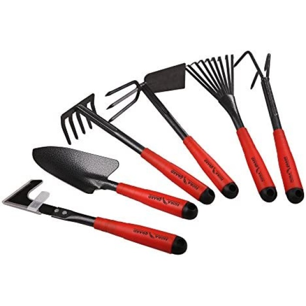 FLORA GUARD 6 Piece Garden Tool Sets - Including Trowel,5-Teeth rake,9-Teeth Leaf rake,Double Hoe 3 prongs, Cultivator, Weeder, Gardening Hand Tools with High Carbon Steel Heads