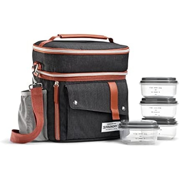 Foundry by Fit + Fresh Wickenden Complete Lunch Bag Kit with 4 Containers, Insulated Soft Liner, and Adjustable Strap for Both Men and Women, Black