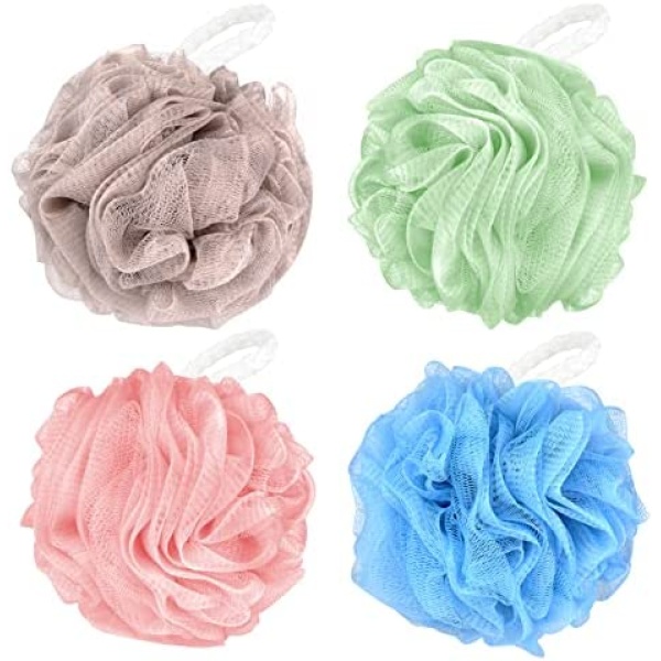 Fu Store Bath Sponges Shower Loofahs Large Mesh Balls Sponge 4 Colors for Body Wash Bathroom Men Women - Pack of 4 Scrubber Cleaning Loofah Bathing Accessories (70g)