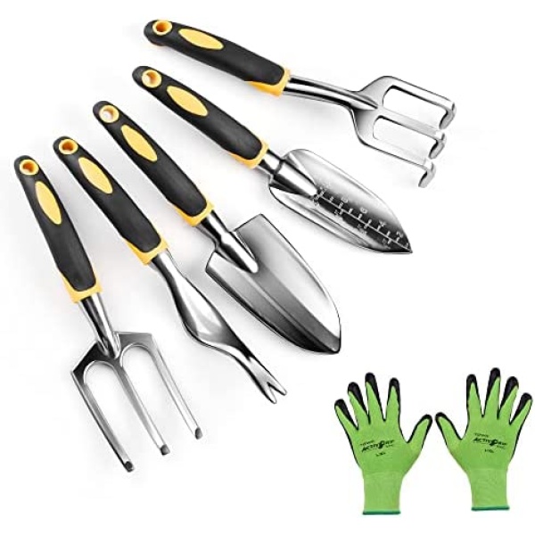 Garden Tools Set - 6 Piece Gardening Hand Tool Set (Weeder, Trowel, Transplanted, Cultivator& Weeding Fork Gloves) - Heavy Duty Aluminum Alloy - Ergonomic & Rust Resistant - Gardening Gifts for Women Men