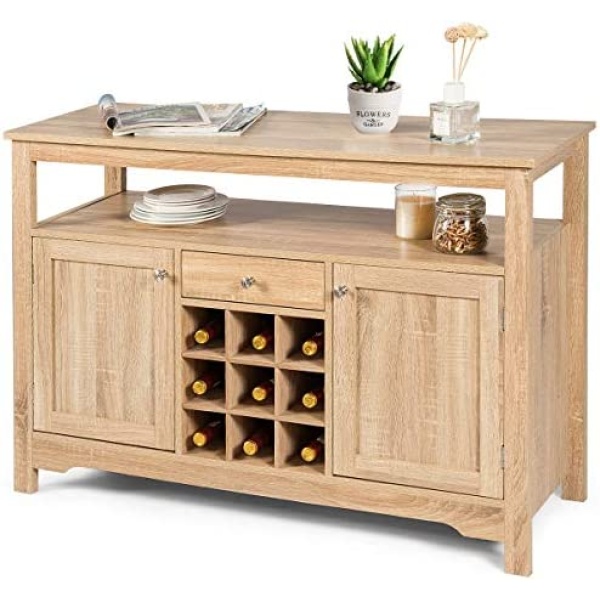 Giantex Buffet Server Sideboard, Console Table, Wood Dining Table, Cupboard Table with 2 Cabinets, 1 Drawer and 9 Wine Cabinets, Storage Organizer Kitchen and Dining Room (Natural)