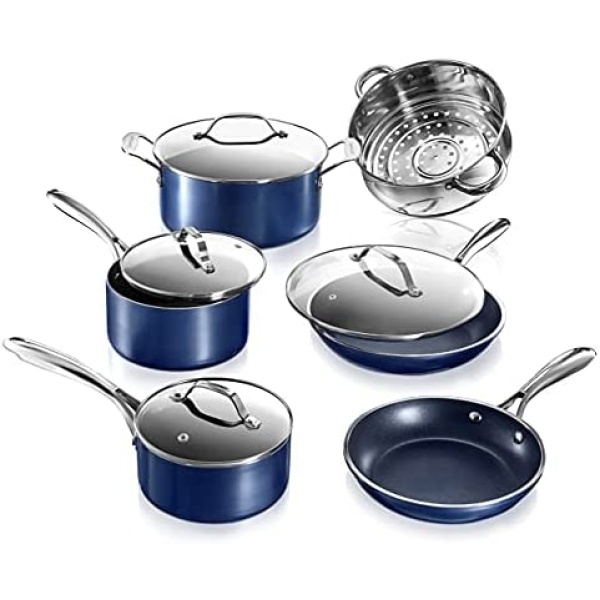 Granitestone Blue Pots and Pans Set, 10 Pc Non Stick Cookware Set, Long Lasting Nonstick Kitchen Set with Pot Set & Pan Set, Ultra Durable, Stay Cool Handles, Oven & Dishwasher Safe, 100% Toxin Free