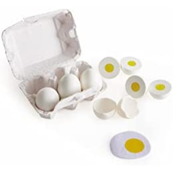 Hape Egg Carton | 3 Hard-Boiled Eggs with Easy-Peel Shell & 3 Fried, Wooden Realistic Educational Toy for Children 3+, White and Yellow (E3156)