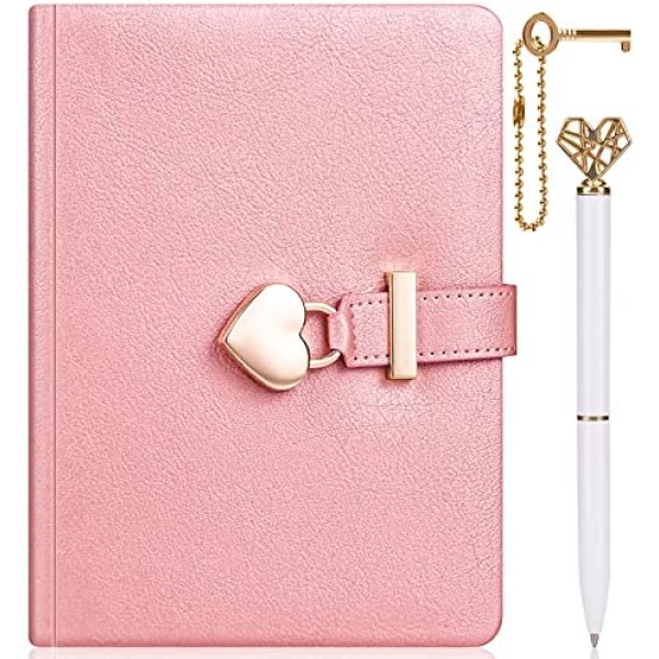 Heart Shaped Lock Diary with Key&Heart Pen,PU Leather Cover Journal Personal Organizers Secret Notebook for Women Girls (A: Pearl Pink)