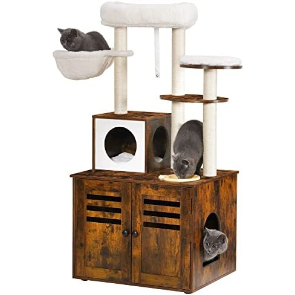 Heybly Cat Tree, Wood Litter Box Enclosure with Food Station, All-in-one Indoor Cat Furniture with Large Platform and Condo, Modern Style Cat Tower, Hammock, Rustic Brown HCT100SR