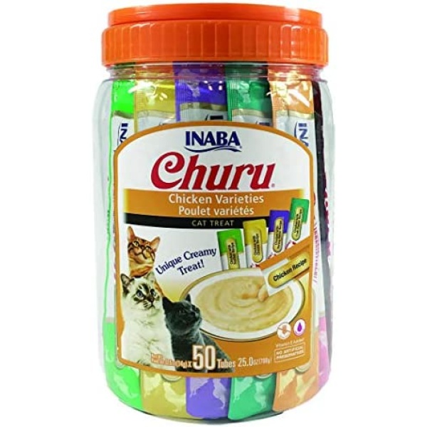 INABA Churu Cat Treats, Grain-Free, Lickable, Squeezable Creamy Purée Cat Treat/Topper with Vitamin E & Taurine, 0.5 Ounces Each Tube, 50 Tubes, Chicken Variety