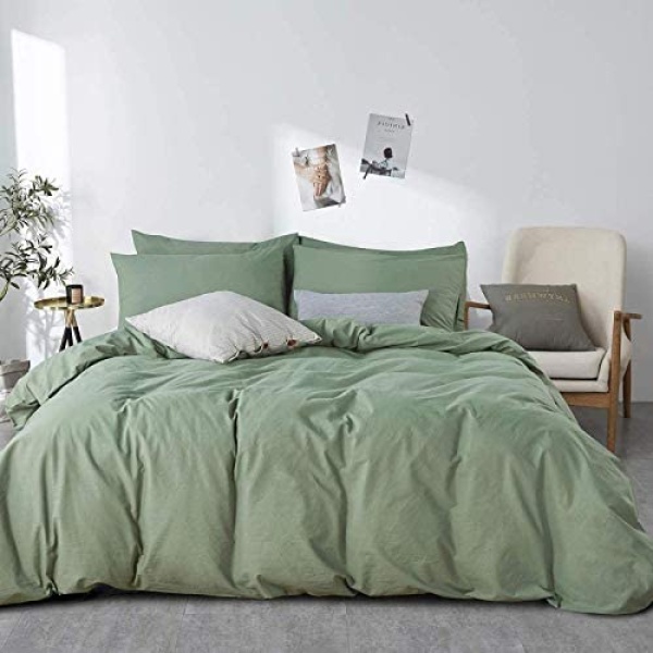 JELLYMONI Green 100% Washed Cotton Duvet Cover Set, 3 Pieces Luxury Soft Bedding Set with Zipper Closure. Solid Color Pattern Duvet Cover Queen Size(No Comforter)