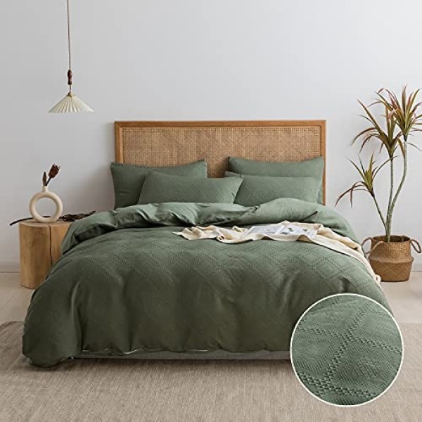 JELLYMONI Waffle Duvet Cover King Size - 3PCS Green Textured Microfiber Waffle Weave Comforter Cover with Diamond Jacquard Pattern, Luxury Soft Bedding Set with 8 Corner Ties & Double Zipper Closure