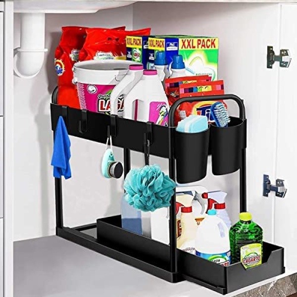 JOUALY Under Sink Organizer and Storage, 2 Sliding Cabinet Drawers with 4 Hooks, 2 Hanging Cups and 2 Baskets for Under Sink Organization and Storage/Cabinet/Bathroom/Kitchen/Office