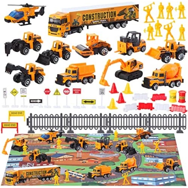 JOYIN Diecast Engineering Construction Vehicle Toy Set with Play Mat Including 11 Die-cast Cars, 8 Action Figures & Various Traffic Road Signs, Alloy Metal Car Toys Set for Over 3 Years Old Boys