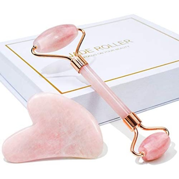 Jade Roller & Gua Sha, Face Roller, Facial Beauty Roller Skin Care Tools, BAIMEI Rose Quartz Massager for Face, Eyes, Neck, Body Muscle Relaxing and Relieve Fine Lines and Wrinkles