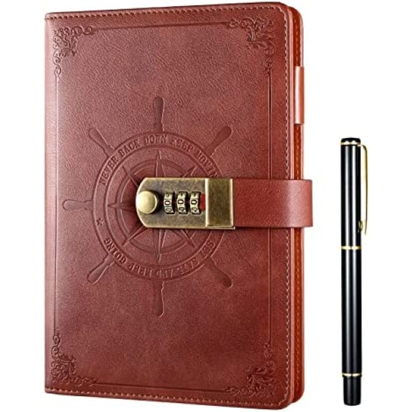 Kesote A5 Lock Notebook with Pen Digital Lock Journal Leather Cover Lock Diary for Personal Use 8.5 x 5.7’’ Brown