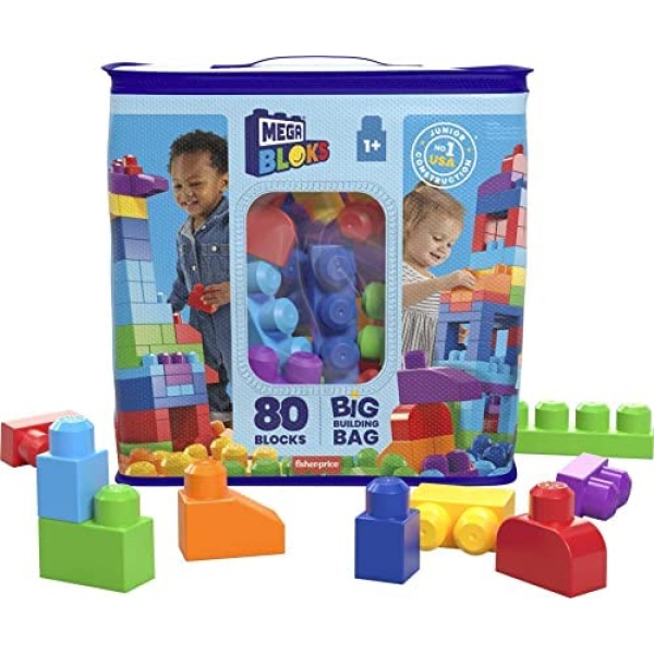 Mega Bloks 80-piece Building Blocks Toddler Toys with Storage Bag, Big Building Bag for Toddlers 1-3 Blue