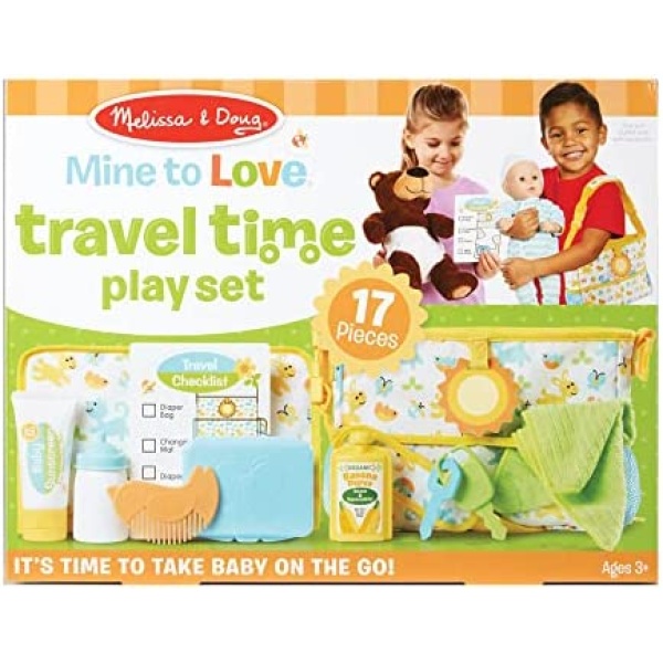 Melissa & Doug Mine to Love Travel Time Play Set for Dolls with Diaper Bag, Bottle, Sunscreen, More (17 pcs) | Pretend Play Baby Doll Diaper Bag Carrier For Doll Accessories