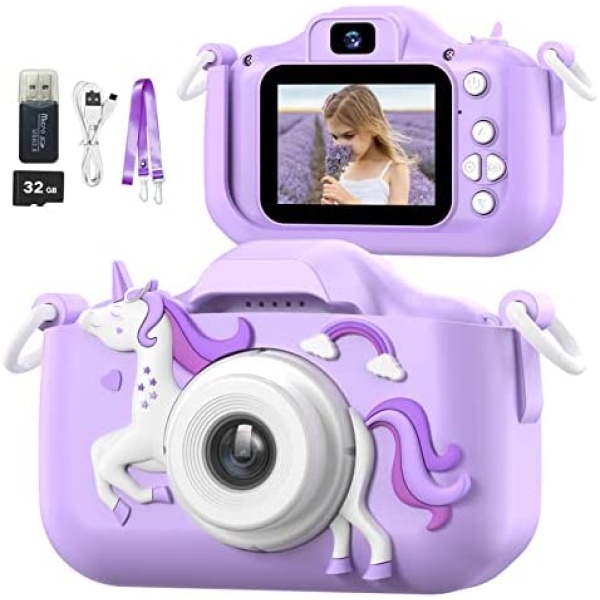 Mgaolo Children's Camera Toys for 3-12 Years Old Kids Boys Girls,HD Digital Video Camera with Protective Silicone Cover,Christmas Birthday Gifts with 32GB SD Card (Purple)