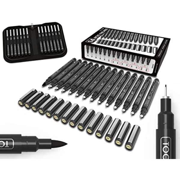 Micro-Line 14 Pens With Case, Fineliner, Multiliner, Archival Ink, Waterproof, Journaling, Illustration, Architecture, Technical Drawing, Outlining, Scrapbooking, Manga, Writing, Rock Painting Black