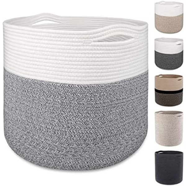 MicroIdeas Large Woven Basket 15.8x13.8in, Cotton Rope Storage Baskets living room, Laundry Basket, Toy Bin, Decorative Round Baskets Storage Organization for Blanket Home Decor - White & Light Grey