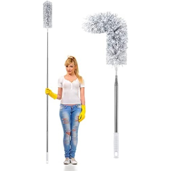 Microfiber Duster for Cleaning,Telescoping Cobweb Duster with Stainless Steel Extension Pole (30to100‘’), Detachable Bendable Head, Washable Dusters for Cleaning Ceiling Fan, High Ceiling, Furniture