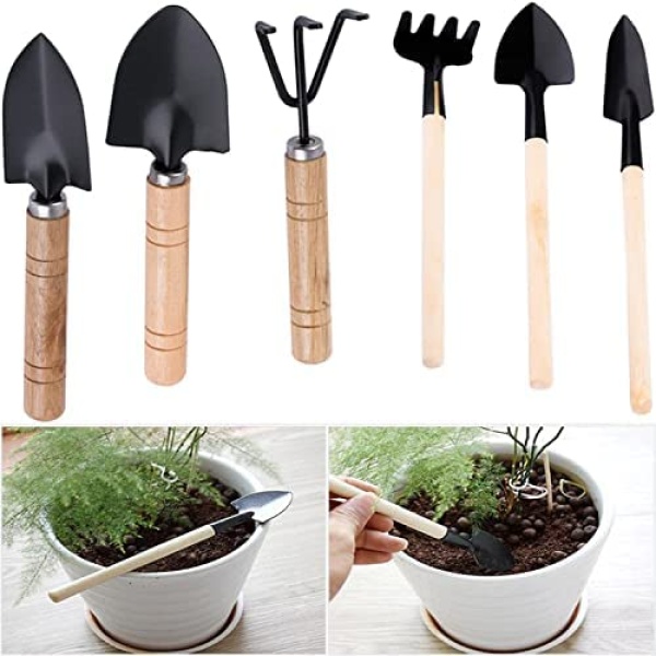 Mini Gardening Hand Tools Set，Small Fork Trowel Shovel Rake Spade for House Plants, Pot Flower Gadget for Transplanting Seedlings Outdoor, Kids Indoor Garden Care, Wood Handle Carbon Steel Kit for Bonsai, Succulents, Herbs, Cactus, Vegetables, Terrariums, Cultivating, Weeding and Planting