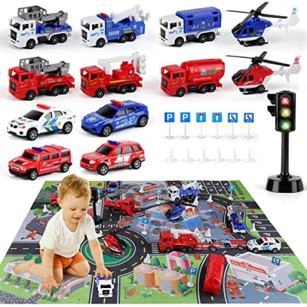 Mini Pull Back Cars, Vehicles Toys with Fire Themed Play Mat Police Car Toy Fire Truck Set Racing Cars Toy Set with Road Signs Gift for Kids Boys Girls 3+