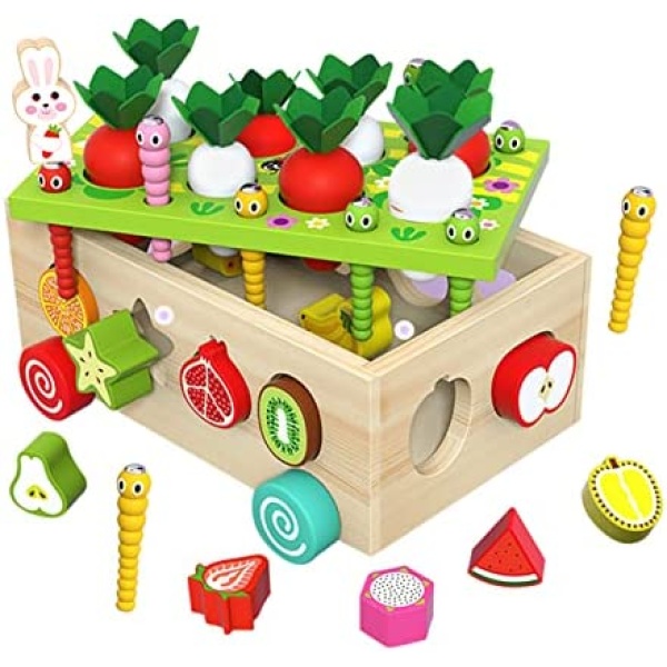 Montessori Toys for Toddlers - Wooden Shape Sorter Toys for 2 3 Year Old Boys Girls Birthday Gifts,Fine Motor Skill Carrot Harvest Game, Early Educational Learning Toys for Babies