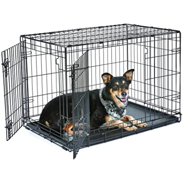 New World 36" Double Door Folding Metal Dog Crate, Includes Leak-Proof Plastic Tray; Dog Crate Measures 36L x 23W x 25H Inches, Fits Intermediate Dog Breeds